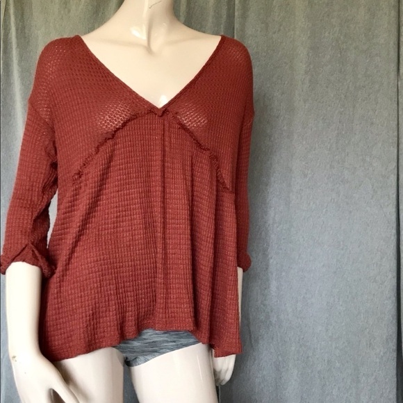 Boho Burnt Orange Waffle Knit Blouse - Picture 2 of 5